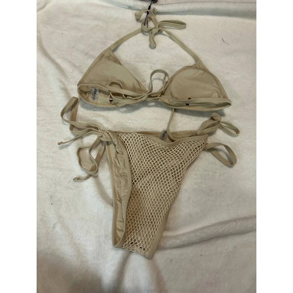 Zaful Beige‎ Crochet Bikini Set US 4 Halter Tie Swimsuit Beach Vacation